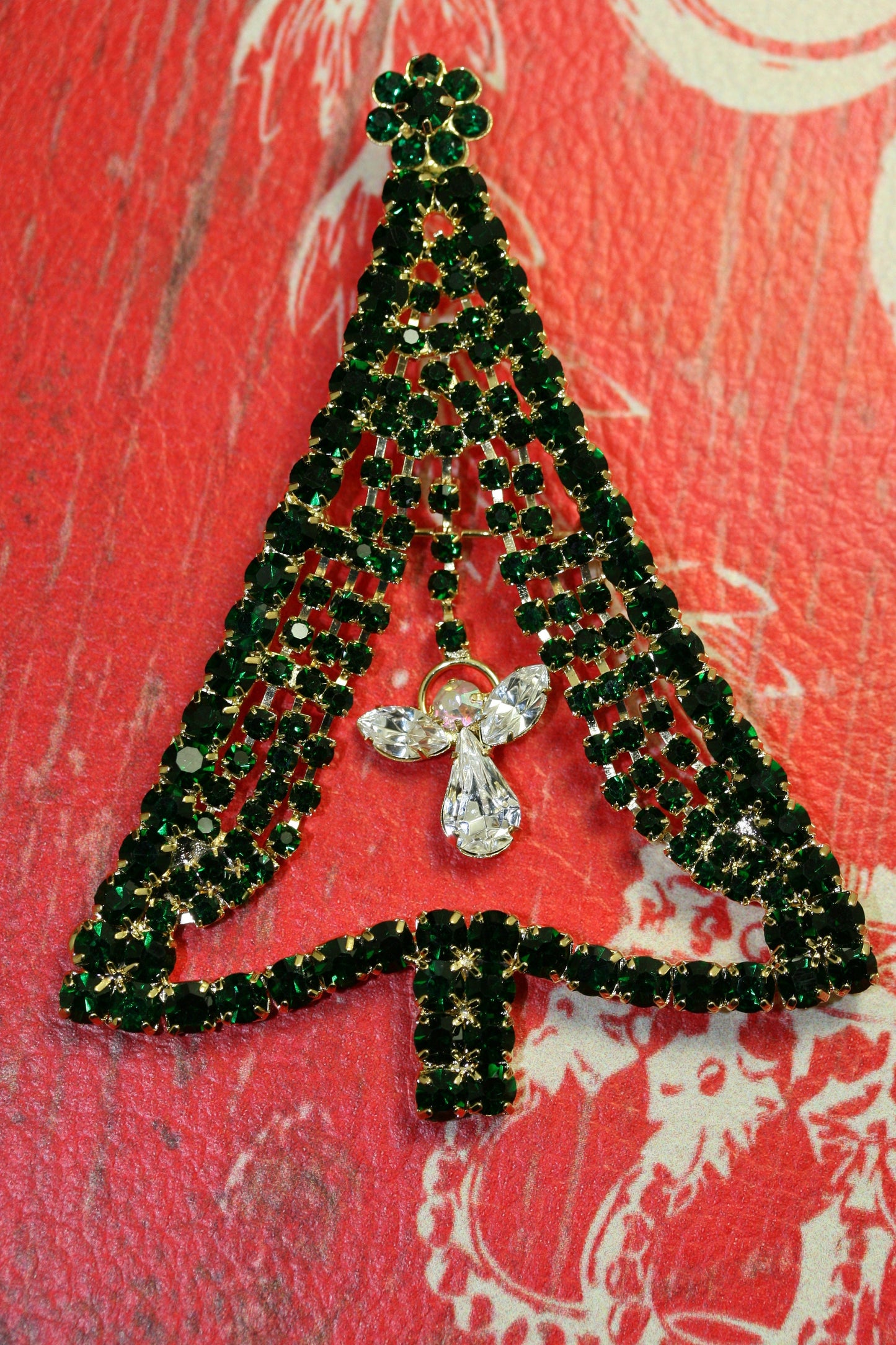 Emerald Green Rhinestone Christmas Tree Brooch Pin, Crystal Christmas Tree, Costume Holiday Jewelry Gift