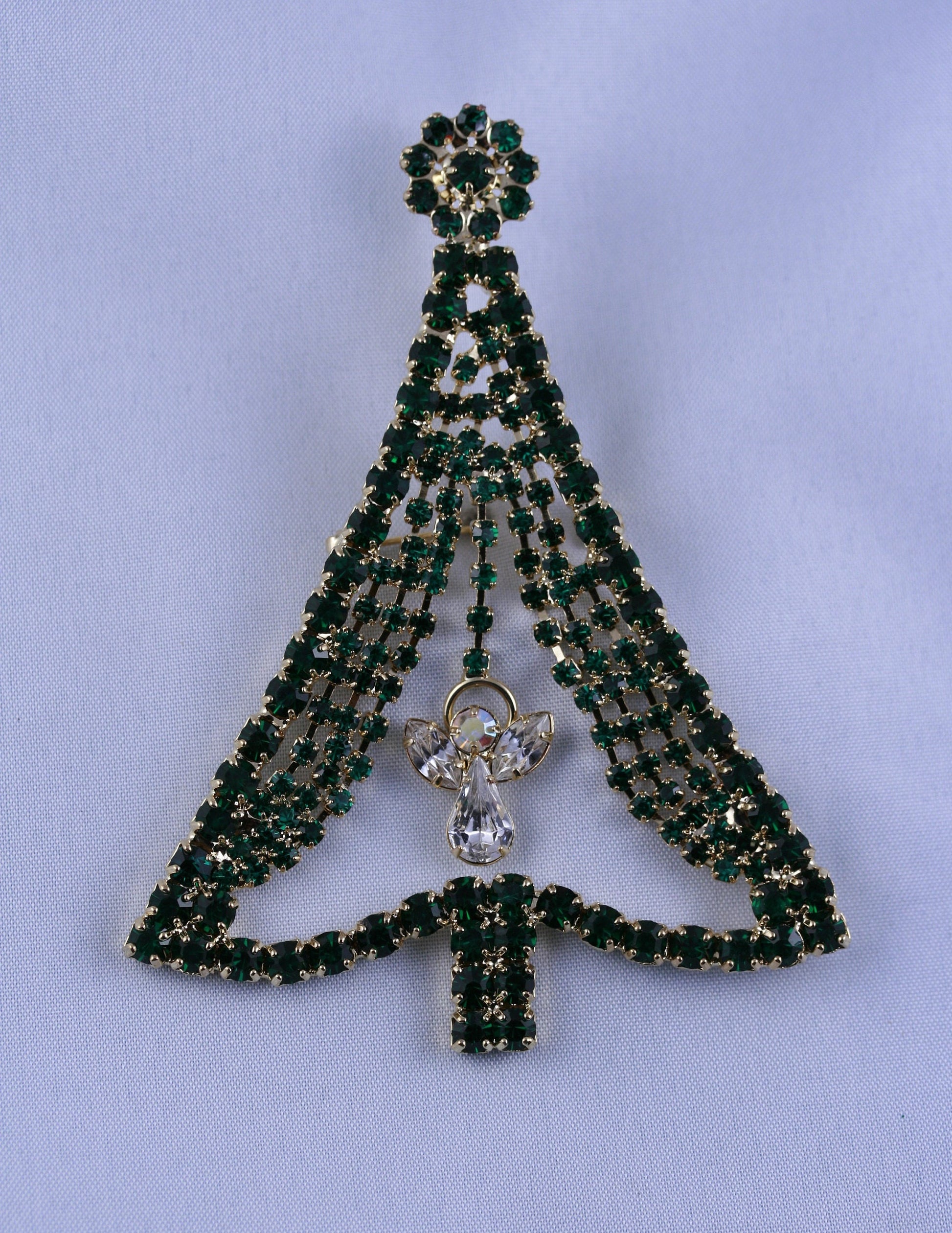 Emerald Green Rhinestone Christmas Tree Brooch Pin, Crystal Christmas Tree, Costume Holiday Jewelry Gift