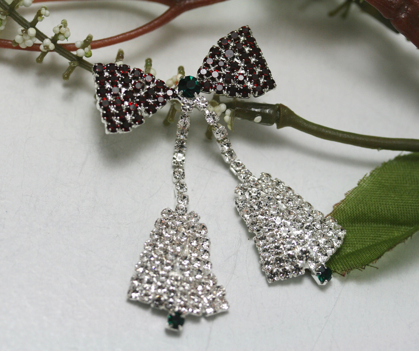 Eisenberg Ice Design Rhinestone Christmas Bells Brooch Pin (NO MARK), Crystal Xmas Holiday Jewelry Gift