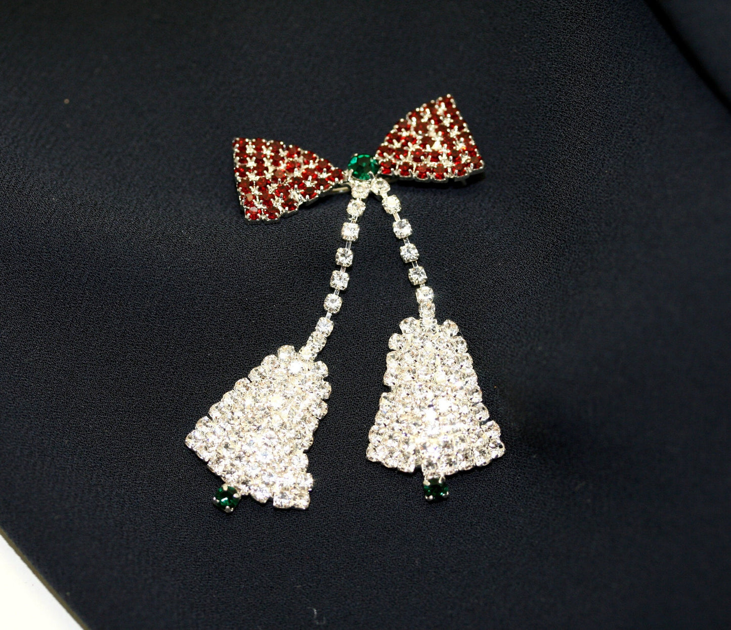 Eisenberg Ice Design Rhinestone Christmas Bells Brooch Pin (NO MARK), Crystal Xmas Holiday Jewelry Gift