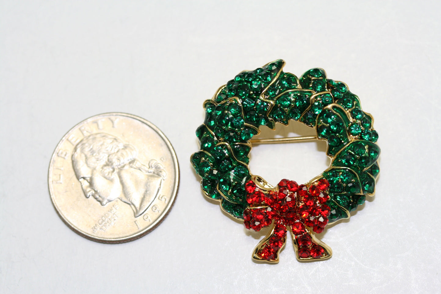 Vintage Rhinestone Christmas Wreath Brooch With Red Bow, Xmas Holiday Jewelry Gift, Wreath Pin