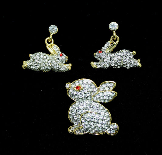 Clear Rhinestone Crystal Cute Bunny Rabbit Pin Brooch for Easter, Easter Bunny Rabbit Pin & Earring Set