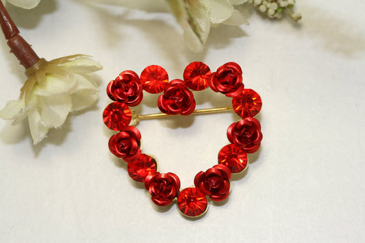 Red Ruby Rhinestone Heart with Roses Brooch Pin, Valentine's Day Heart, Valentine's Day Jewelry Gift