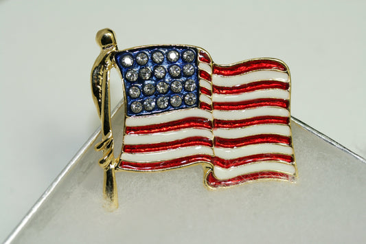 Gold-tone Enameled Rhinestone American USA Patriotic Flag 4th July Brooch Pin, Patriotic Red White Blue Jewelry Gift
