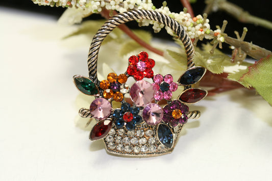 Colorful Antique Flower Basket Brooch Pin Artificial Crystal Rhinestone Vintage Flower Diamond Brooch, Easter Flower Basket Pin Jewelry