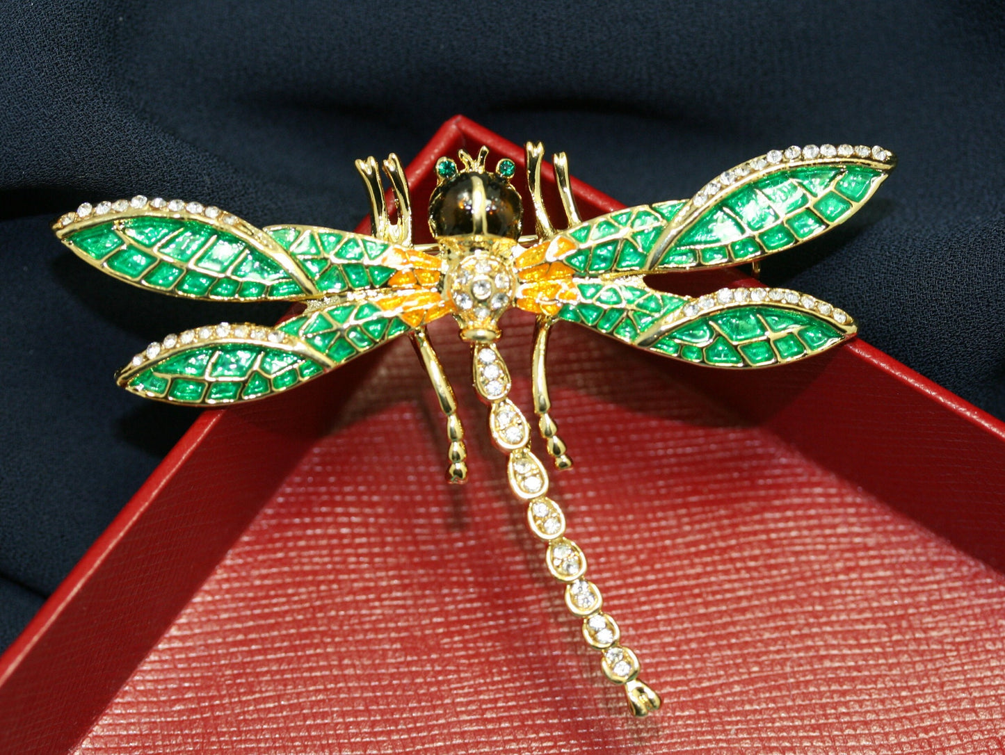 Green Crystal Dragonfly Brooch For Women Insect Rhinestone Brooches Pins