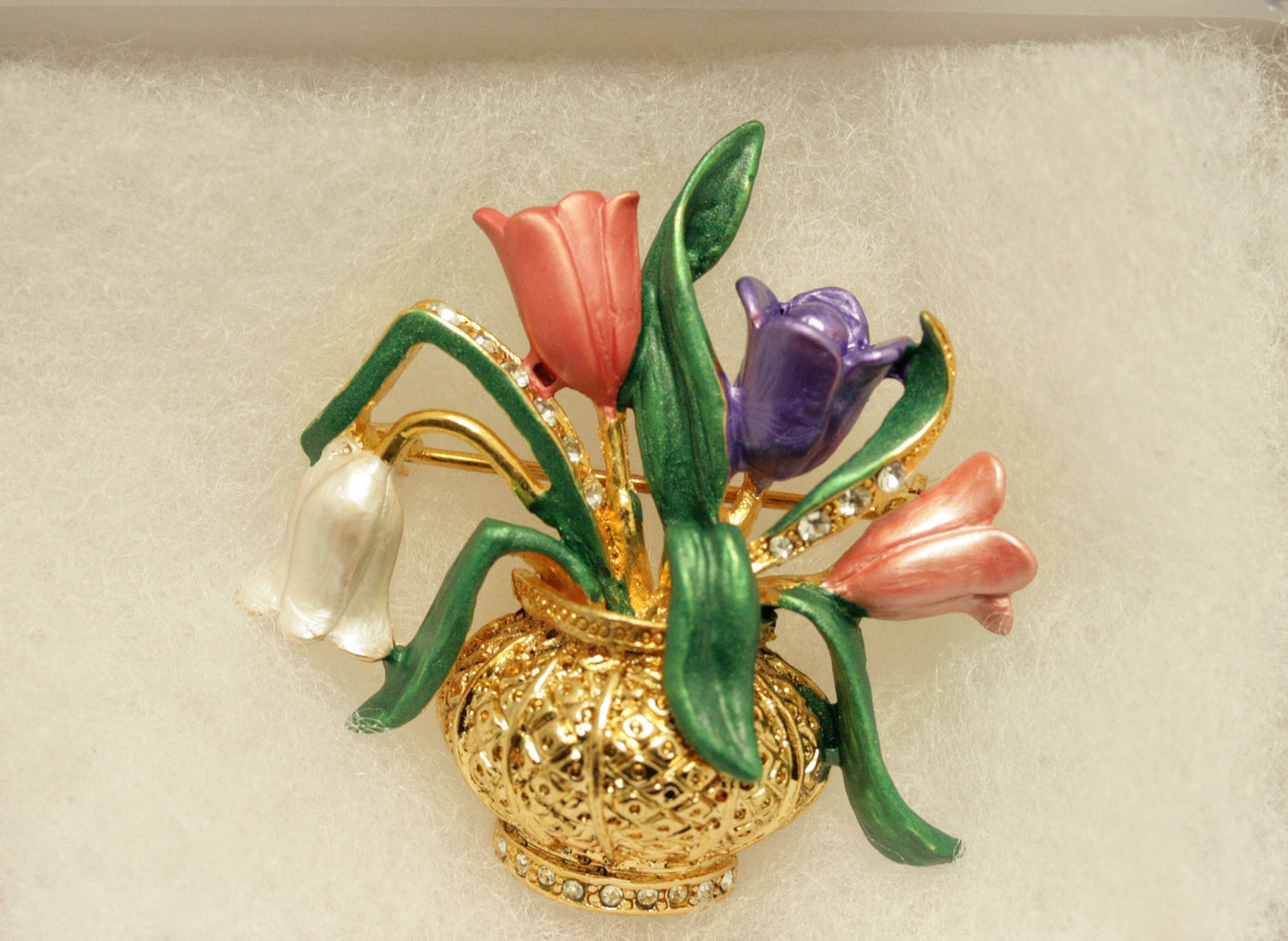 Vintage Enamel Tulips in Gold Antique Vase Brooch Pin, Flower Vase Jewelry Spring Flower Brooch