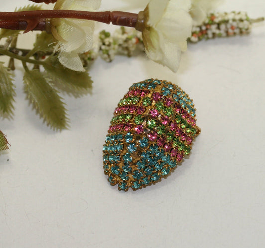 Vintage Rhinestone Crystal Easter Egg Pink Green Blue Faceted Stones Brooch Pin, Easter Pin Jewelry