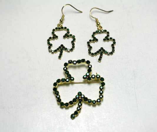 Emeralds Rhinestone Shamrock Outline St Patrick's Day Brooch & Dangle Earrings Set, Irish St Patrick's Day Shamrock Jewelry Gift