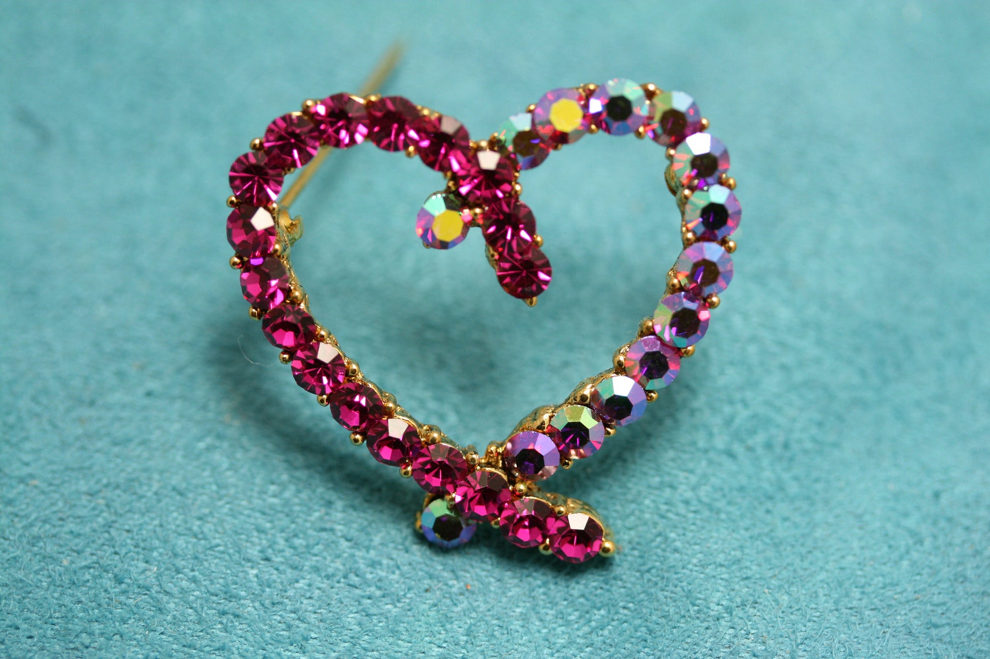 Rhinestone Pink Topaz Heart Brooch Pin, Crystal Valentine's day Heart Jewelry For Her