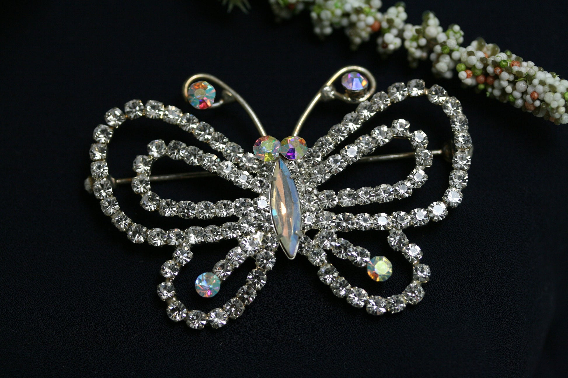 Silvery Tone Aurora Borealis Clear Crystal Rhinestone Hollow Out Butterfly Brooch Pin