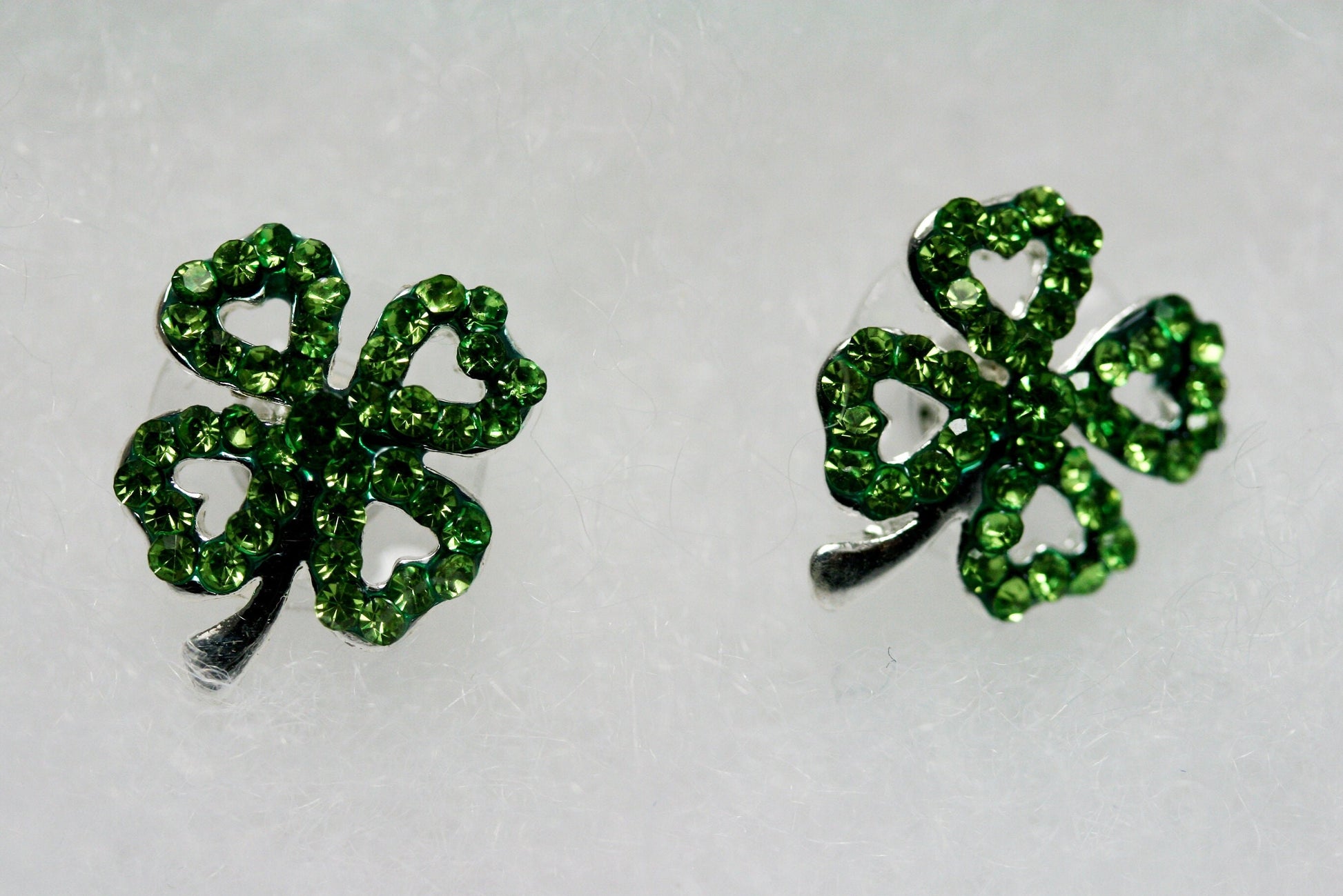 Emeralds Rhinestone Shamrock Outline Post Earrings, St Patrick's Day Earrings, Irish Four Leaf Clover Earrings Jewelry Gift