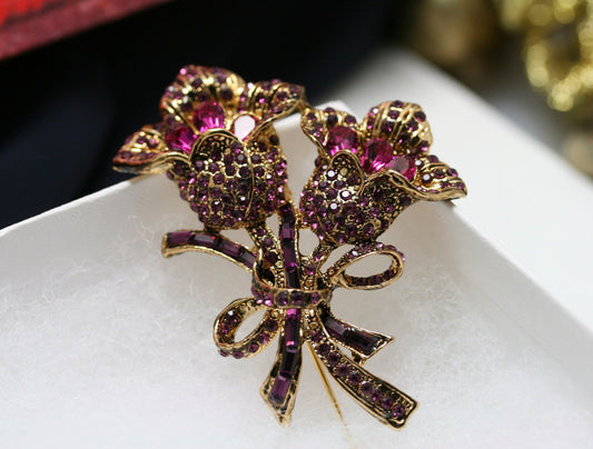 Vintage Large Purple Garnet Rhinestone Rose Pin Brooch Jewelry, Fashion Valentine's Day Roses Pin Statement Brooches