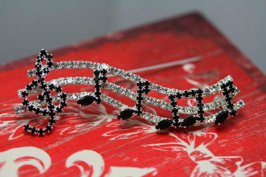 Rhinestone Music Notes Brooch. Rhinestone Silver and Black Music Notes Brooch, Music Note Pin