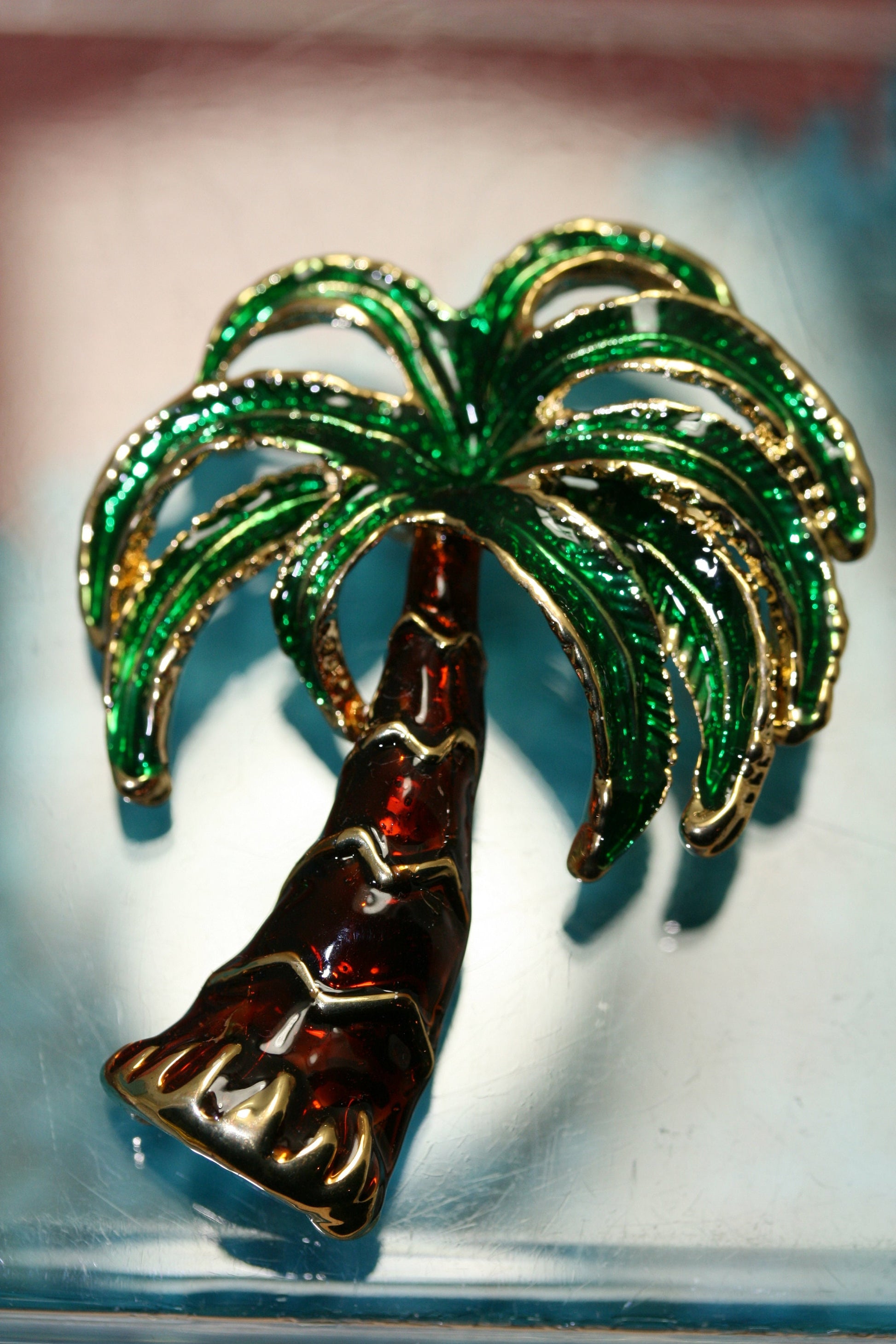 Enamel PALM TREE Pin Brooch Tropical Trees, Gold Tone Green and Brown Enamel Palm Tree Brooch, Costume Jewelry, Statement Tropical Tree Pin