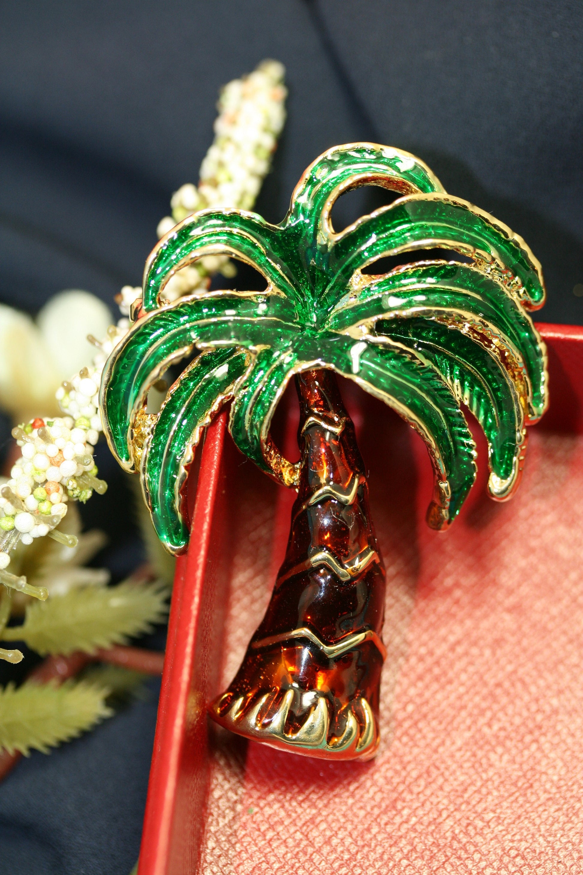 Enamel PALM TREE Pin Brooch Tropical Trees, Gold Tone Green and Brown Enamel Palm Tree Brooch, Costume Jewelry, Statement Tropical Tree Pin
