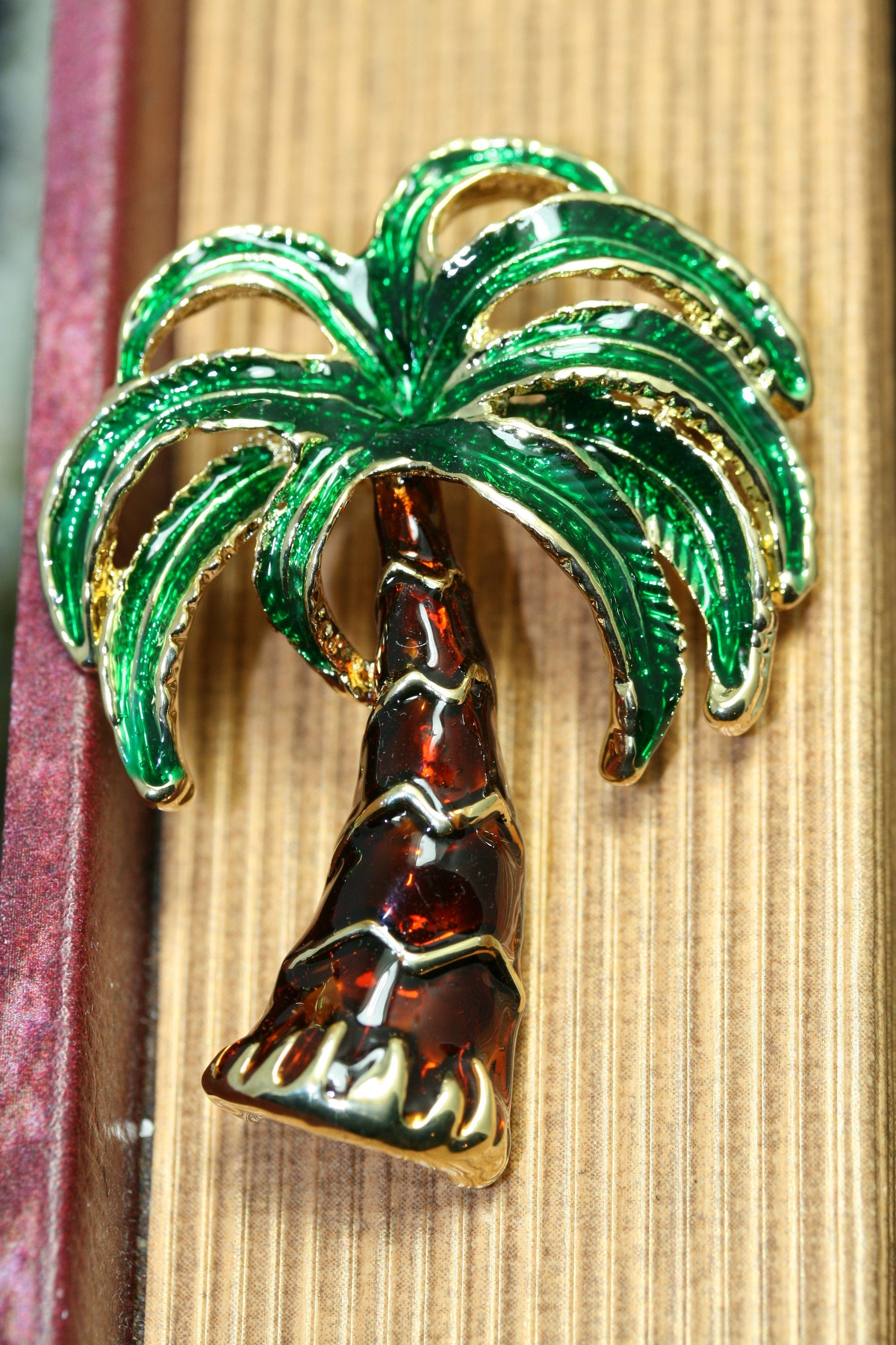 Enamel PALM TREE Pin Brooch Tropical Trees, Gold Tone Green and Brown Enamel Palm Tree Brooch, Costume Jewelry, Statement Tropical Tree Pin