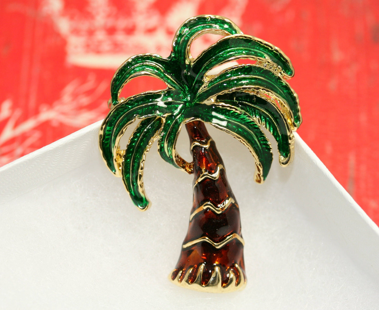 Enamel PALM TREE Pin Brooch Tropical Trees, Gold Tone Green and Brown Enamel Palm Tree Brooch, Costume Jewelry, Statement Tropical Tree Pin