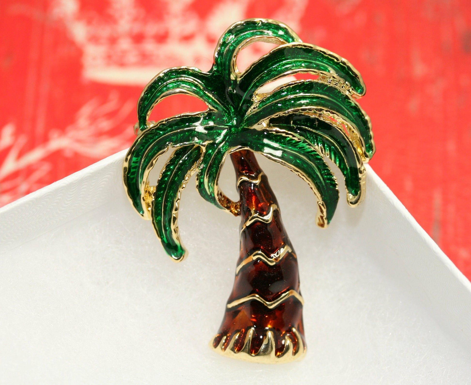 Enamel PALM TREE Pin Brooch Tropical Trees, Gold Tone Green and Brown Enamel Palm Tree Brooch, Costume Jewelry, Statement Tropical Tree Pin