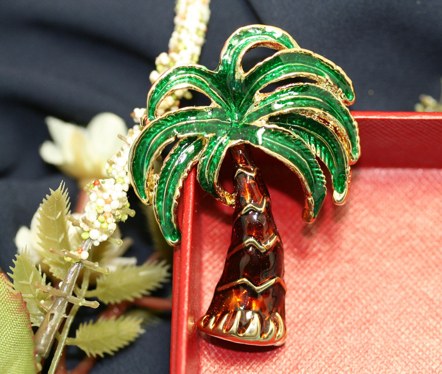Enamel PALM TREE Pin Brooch Tropical Trees, Gold Tone Green and Brown Enamel Palm Tree Brooch, Costume Jewelry, Statement Tropical Tree Pin