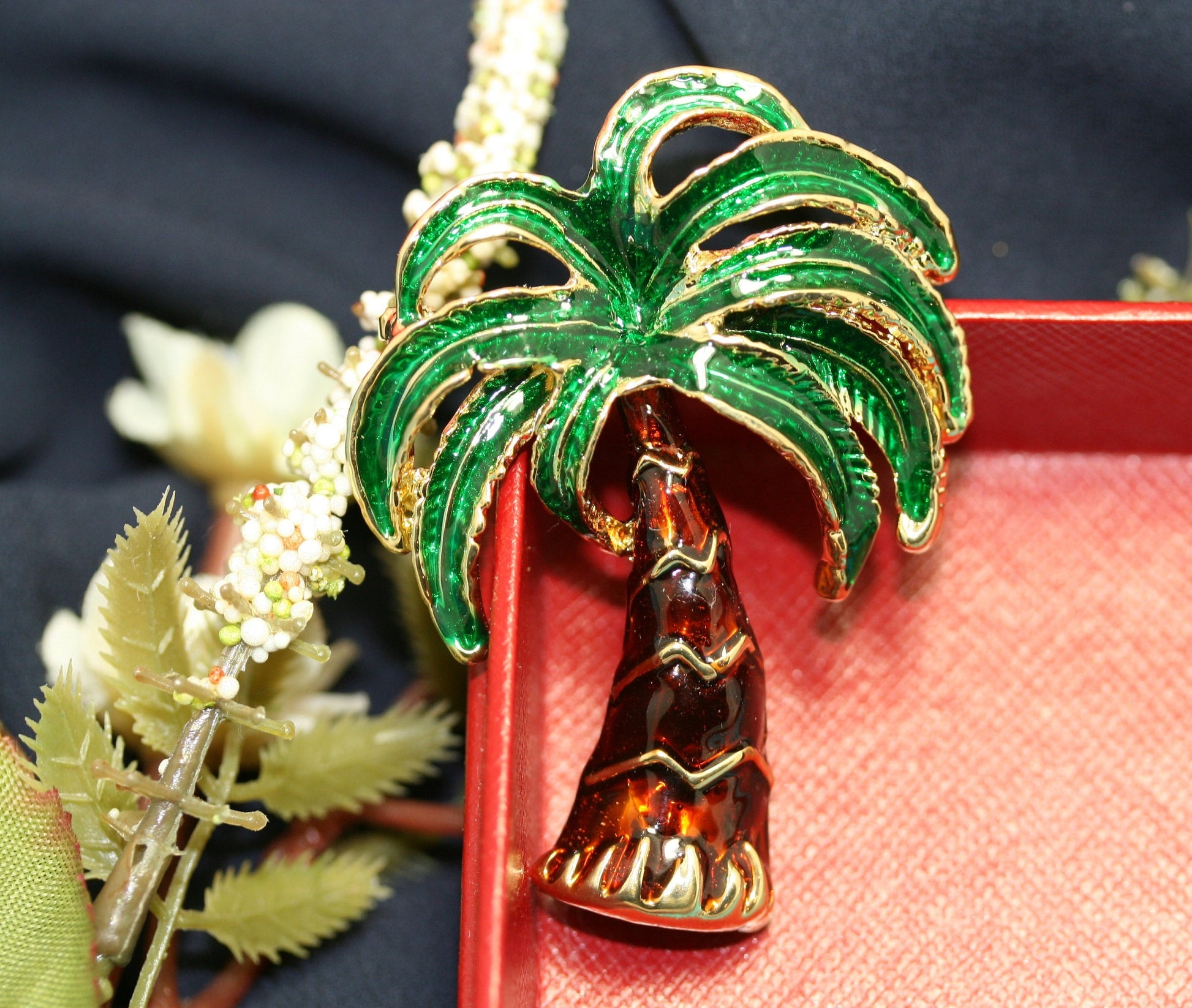 Enamel PALM TREE Pin Brooch Tropical Trees, Gold Tone Green and Brown Enamel Palm Tree Brooch, Costume Jewelry, Statement Tropical Tree Pin