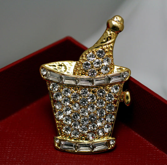 Rhinestone Ice Bucket with Champagne Bottle Pin Brooch, New Year Wedding Party Celebration Champagne Bottle Ice Bucket Pin