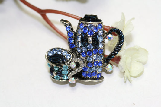 Vintage Teapot Brooch, Antique Silver Teapot Brooch Pin, Enamel Crystal Rhinestone Teapot Cup Brooch Pin