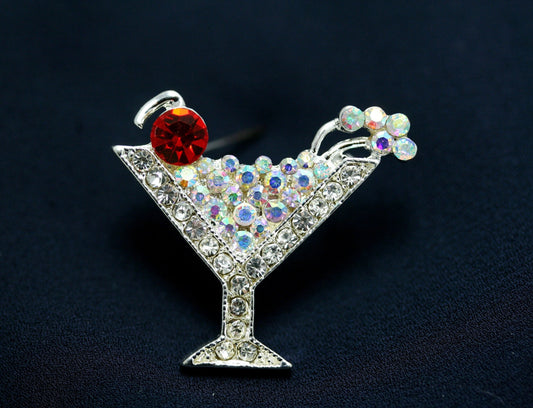 Party Cocktail Martini Glass Pin Brooch, Silver Rhinestones Martini Glass Fashion Jewelry