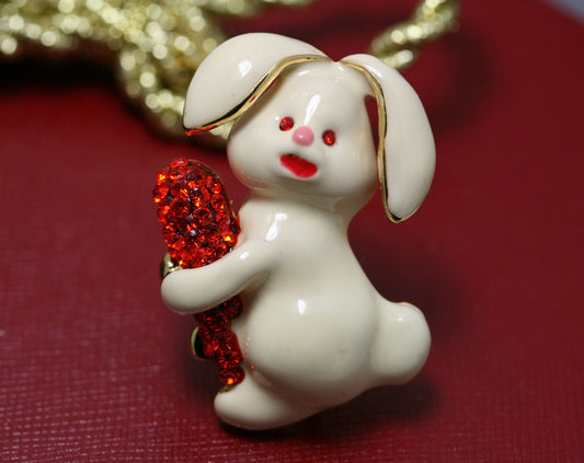 Easter Rabbit Bunny With Crystal Carrot Brooch Pin, Crystal Easter Jewelry Gift