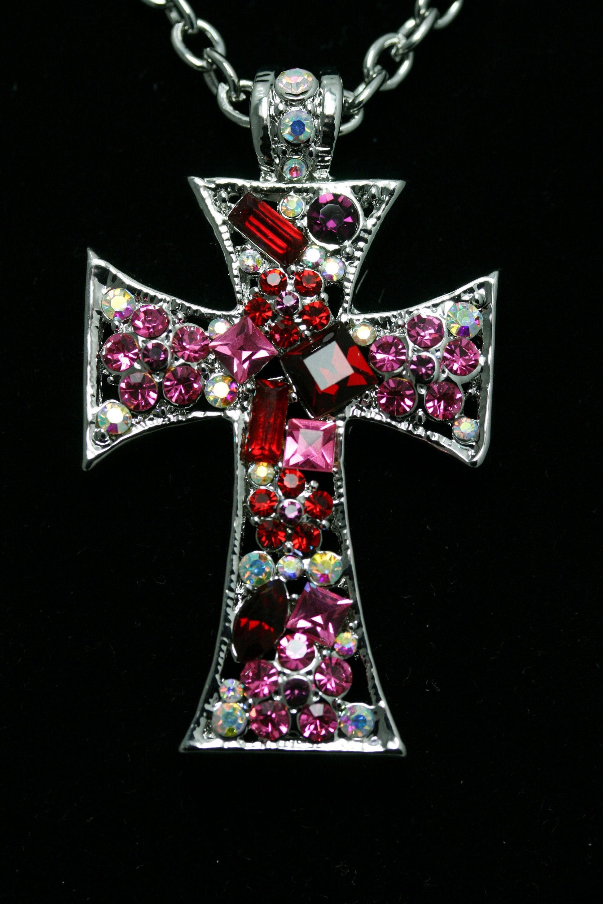 Pink Ruby Crystal & Iridescent Rhinestone Cross Pendant Necklace