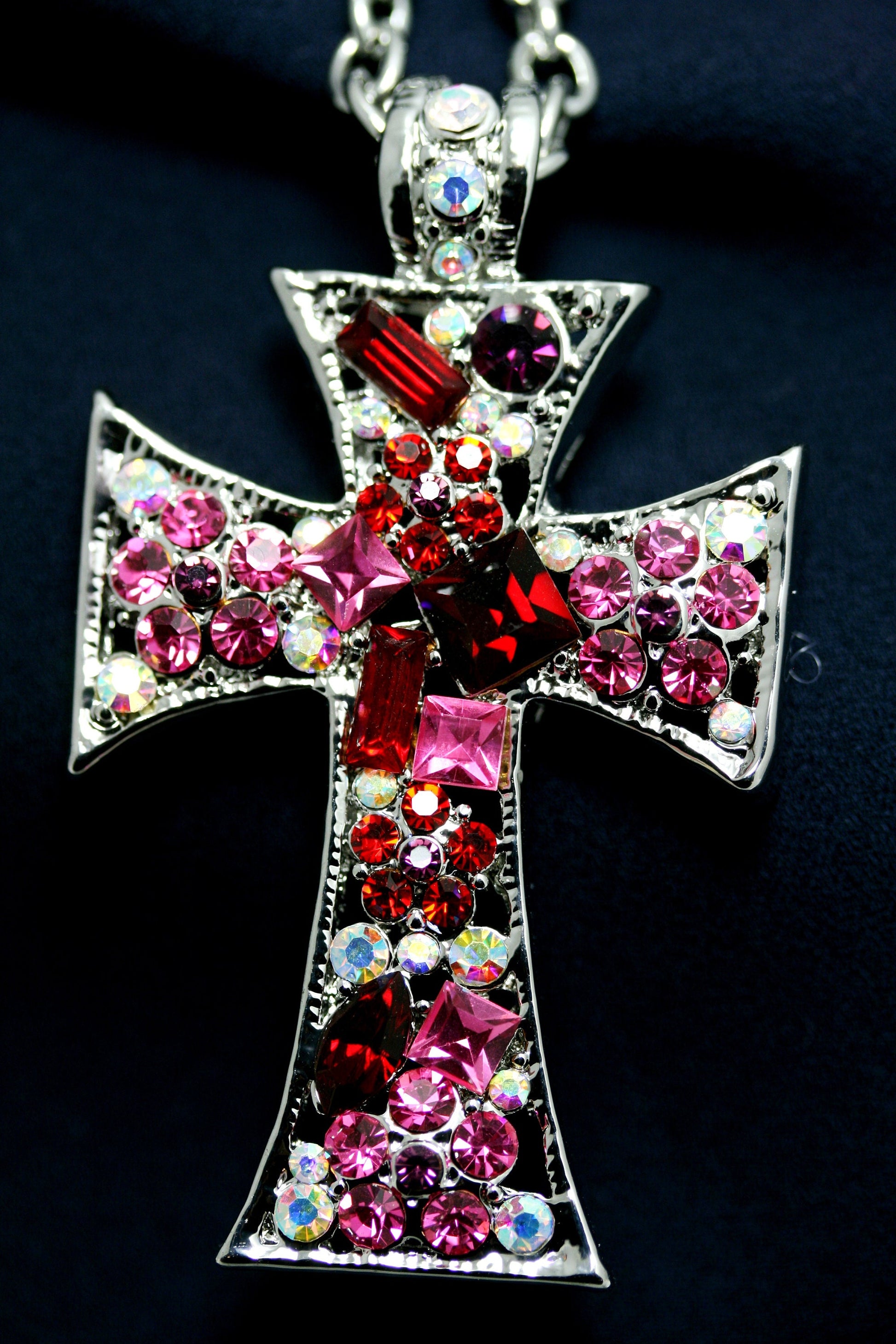 Pink Ruby Crystal & Iridescent Rhinestone Cross Pendant Necklace