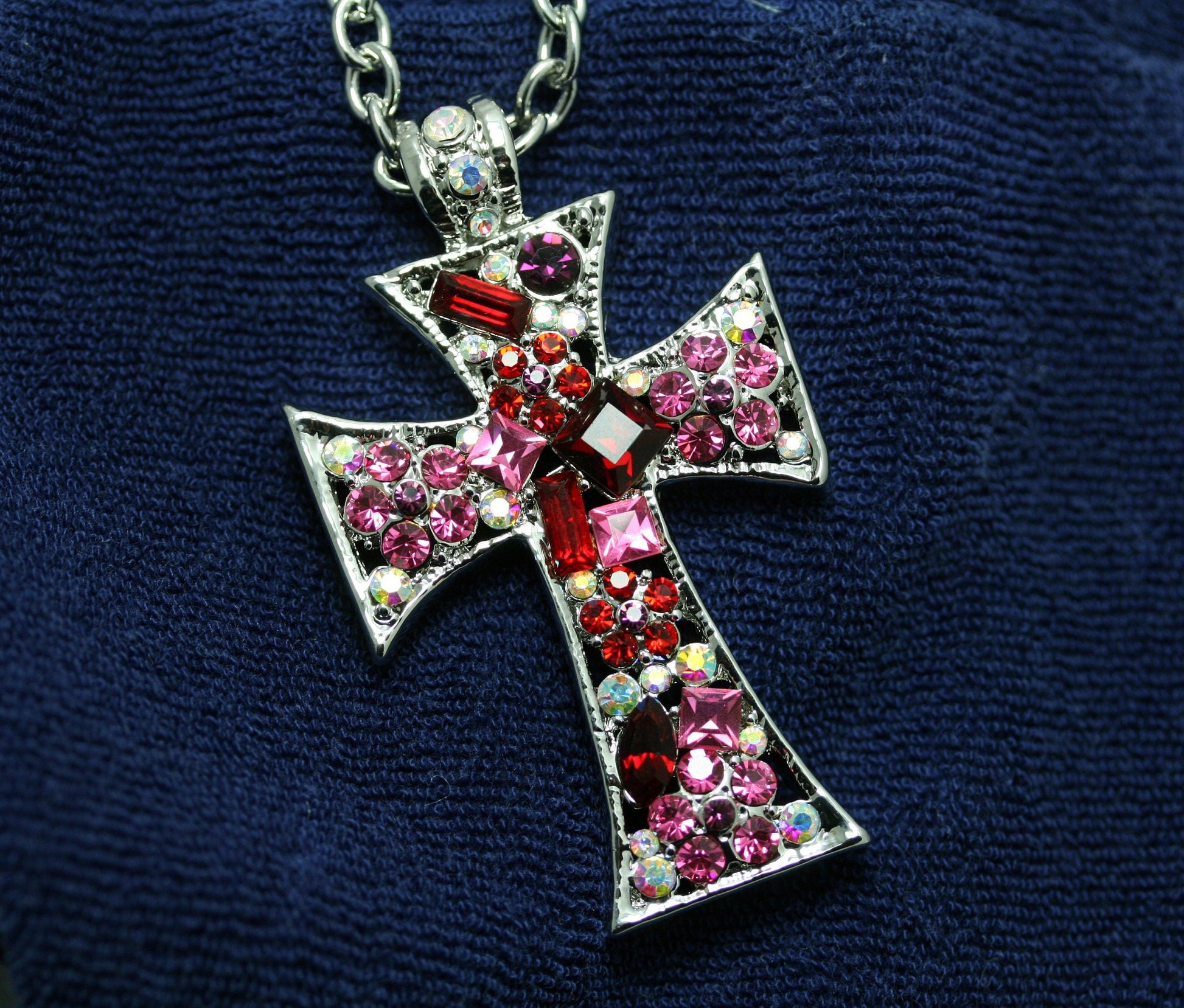 Pink Ruby Crystal & Iridescent Rhinestone Cross Pendant Necklace