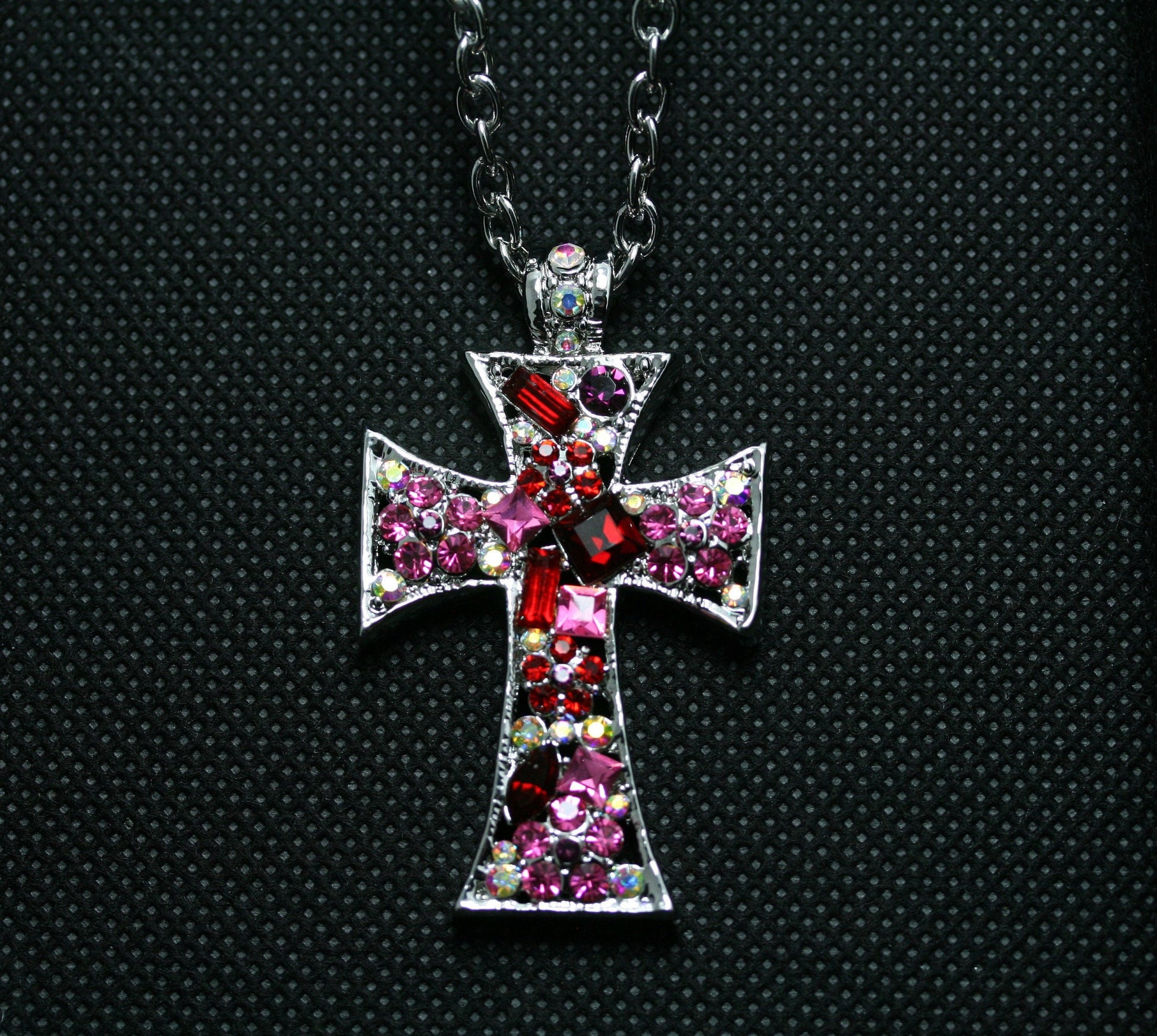 Pink Ruby Crystal & Iridescent Rhinestone Cross Pendant Necklace