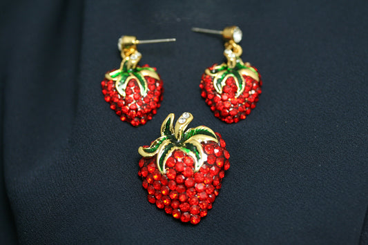 Rhinestone Strawberry Fruit Pin Brooch & Earrings Set, Red Ruby Crystal Strawberry Jewelry Set, Strawberry Festival Gift