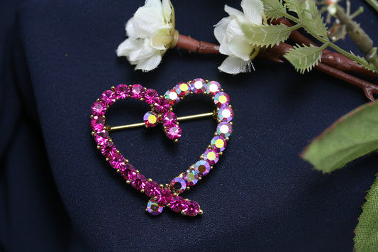 Rhinestone Pink Topaz Heart Brooch Pin, Crystal Valentine's day Heart Jewelry For Her