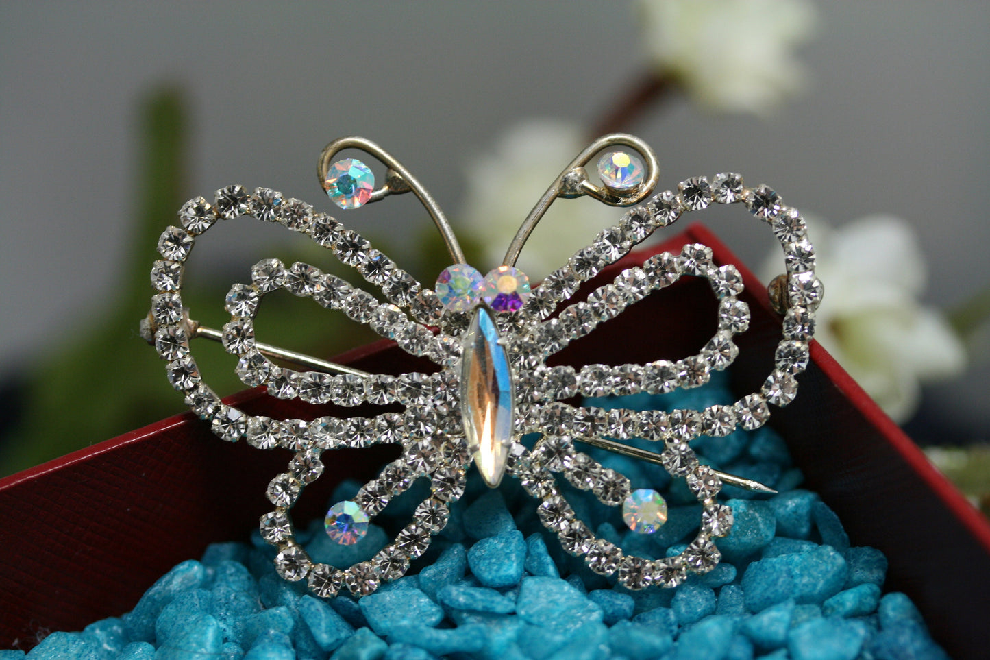 Silvery Tone Aurora Borealis Clear Crystal Rhinestone Hollow Out Butterfly Brooch Pin