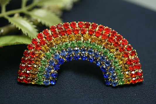 Rainbow Pin Pot Gold Brooch Rhinestone Crystal