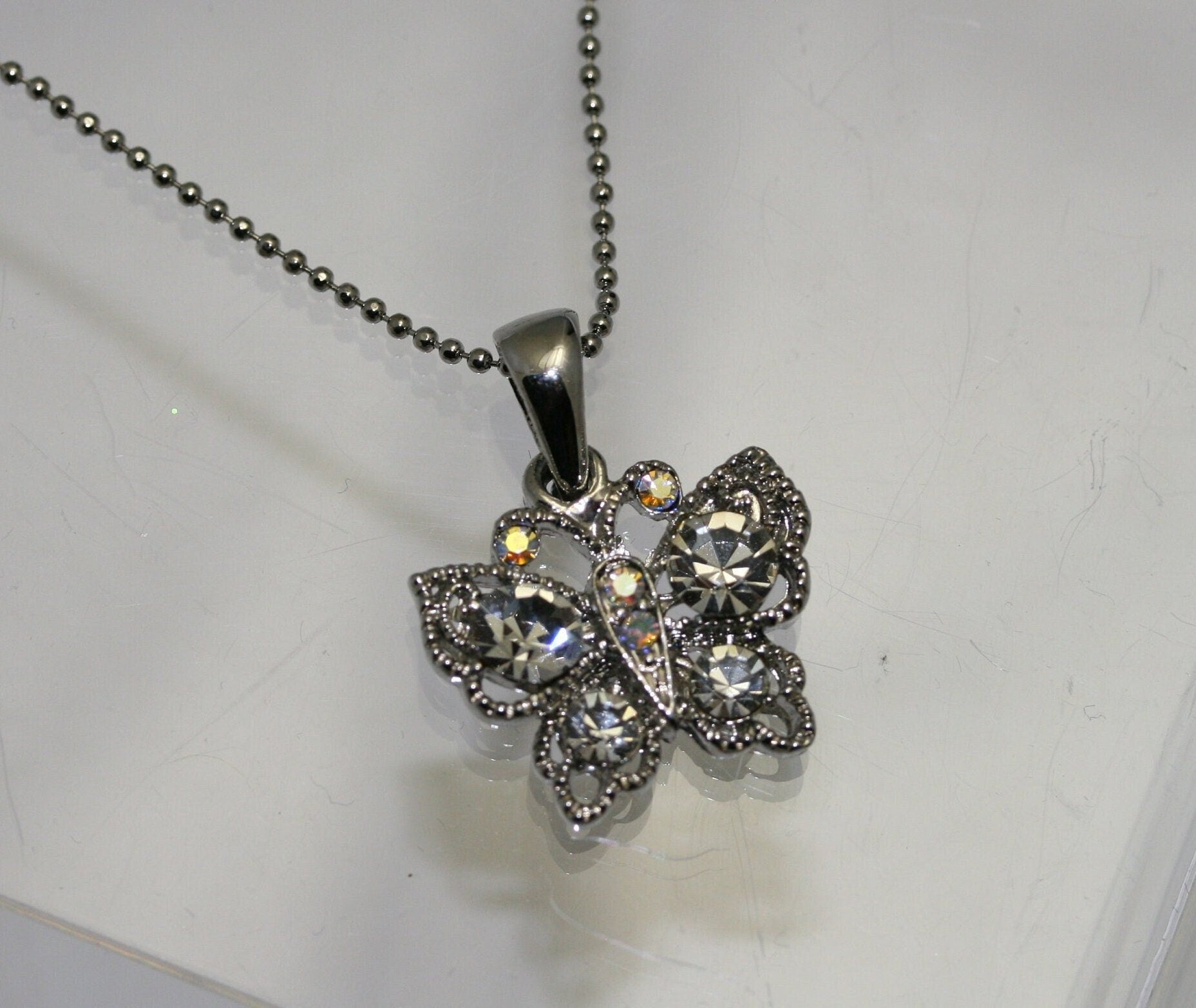 Rhinestone Butterfly Necklace Charm, Clear Crystal Butterfly Pendant With Chain (18")