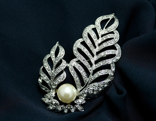 Rhodium Plated Faux Pearl Brooch Pins with Rhinestone, Leaf Brooch, Cubic Zirconia Brooch, Faux Pearl Brooch Jewelry For Her