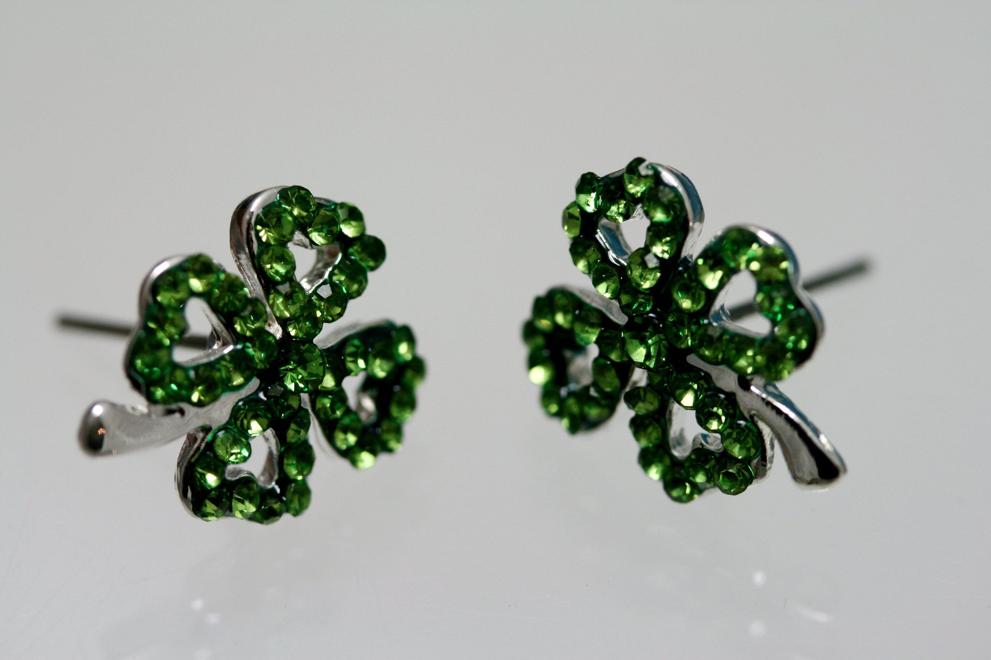 Emeralds Rhinestone Shamrock Outline Post Earrings, St Patrick's Day Earrings, Irish Four Leaf Clover Earrings Jewelry Gift