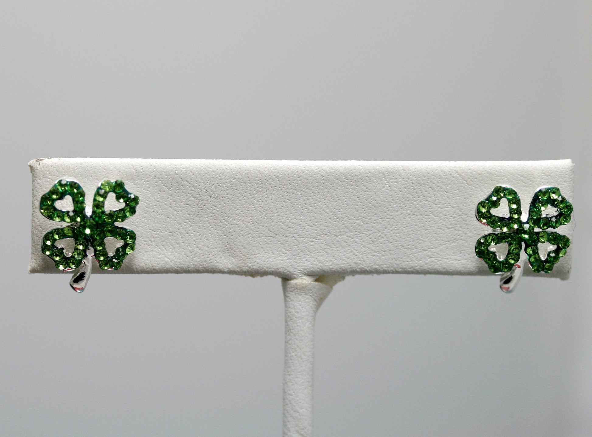 Emeralds Rhinestone Shamrock Outline Post Earrings, St Patrick's Day Earrings, Irish Four Leaf Clover Earrings Jewelry Gift