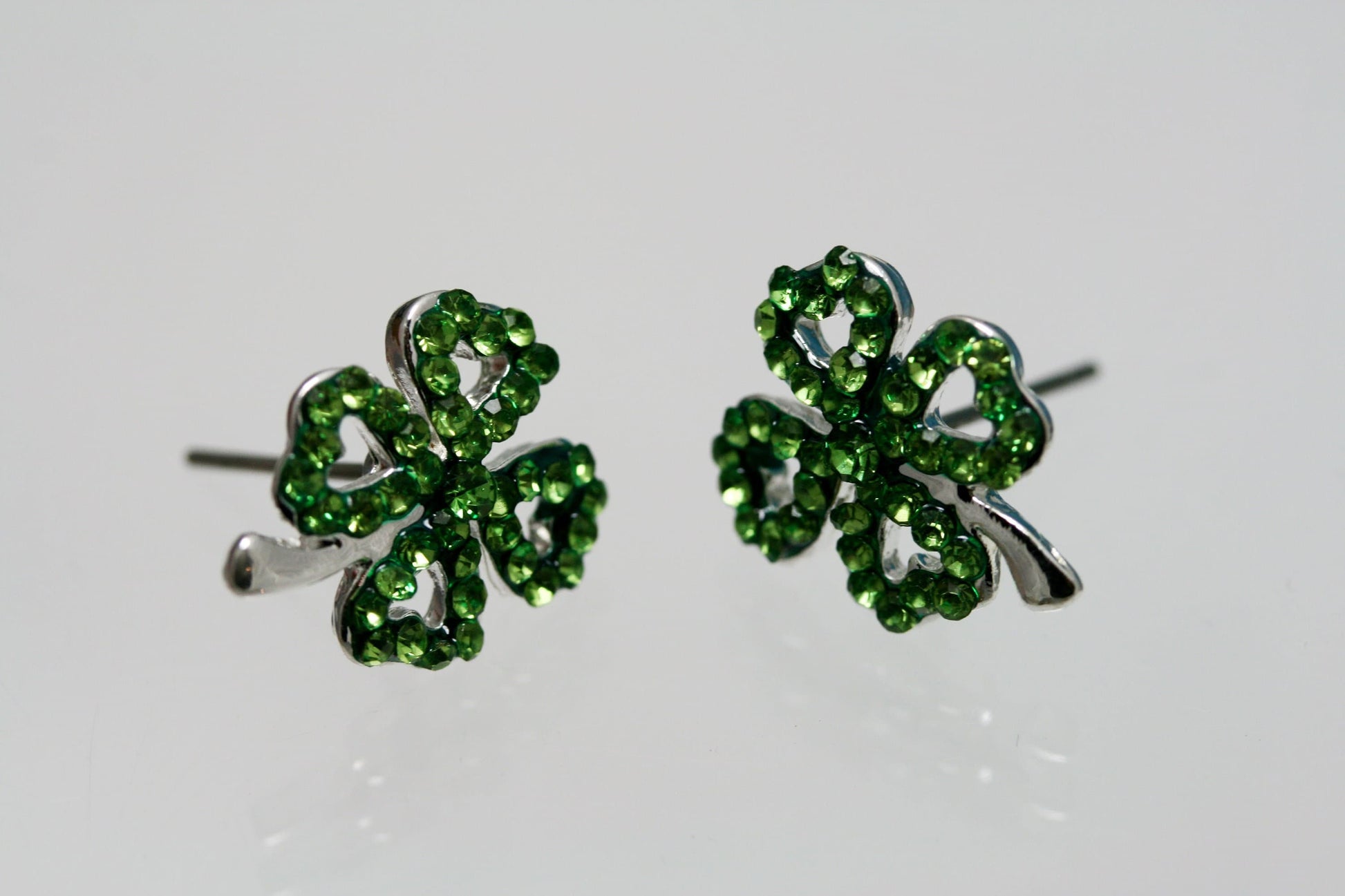 Emeralds Rhinestone Shamrock Outline Post Earrings, St Patrick's Day Earrings, Irish Four Leaf Clover Earrings Jewelry Gift