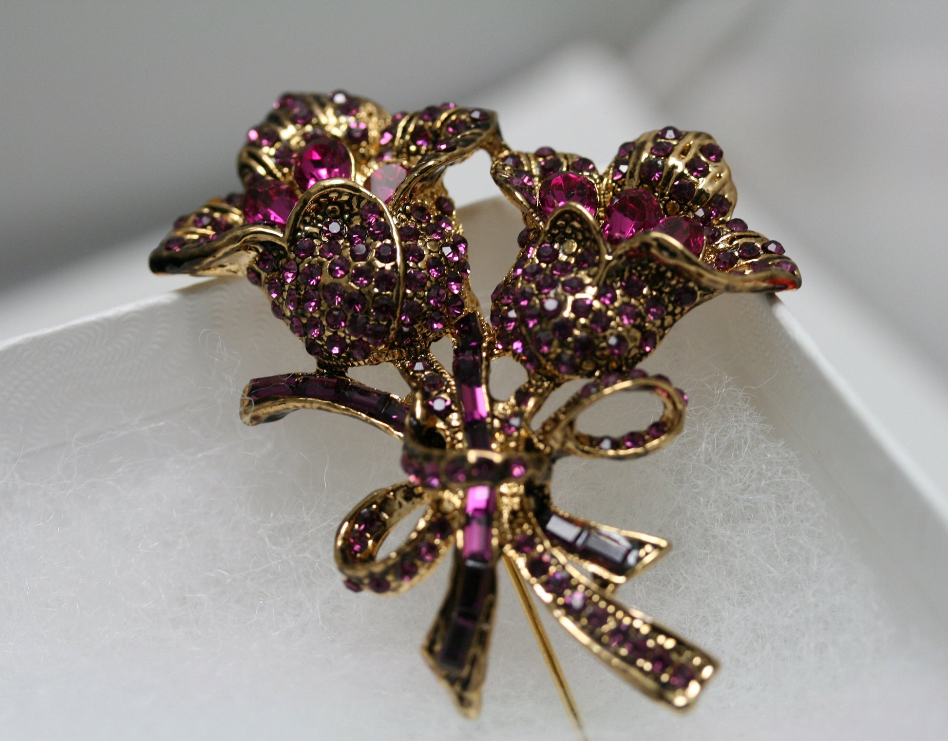 Vintage Large Purple Garnet Rhinestone Rose Pin Brooch Jewelry, Fashion Valentine's Day Roses Pin Statement Brooches