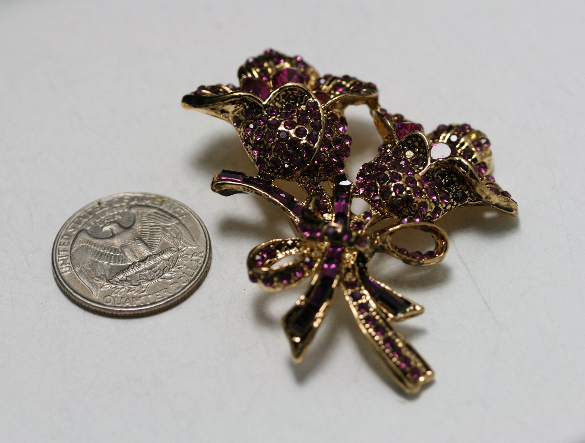 Vintage Large Purple Garnet Rhinestone Rose Pin Brooch Jewelry, Fashion Valentine's Day Roses Pin Statement Brooches