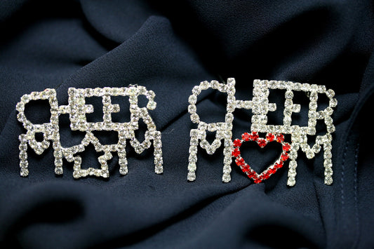 Rhinestone Cheer Mom Pin Brooch, Costume Jewelry Openwork Red & Clear Crystals Words