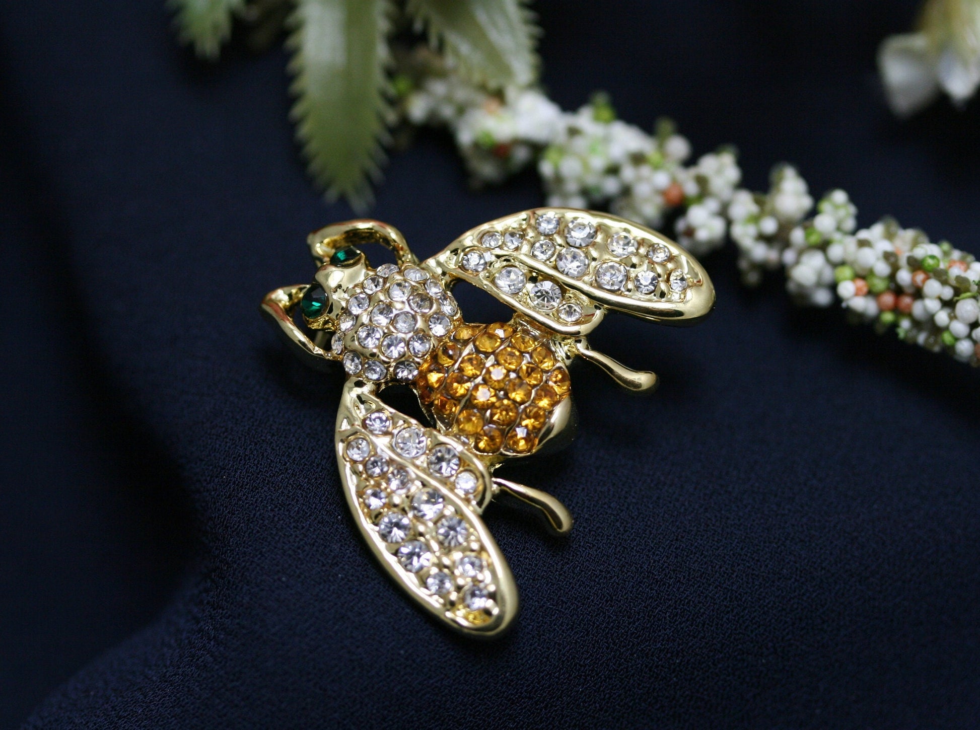 Topaz Color CZ Crystal Rhinestone Bee Insect Brooch Pin