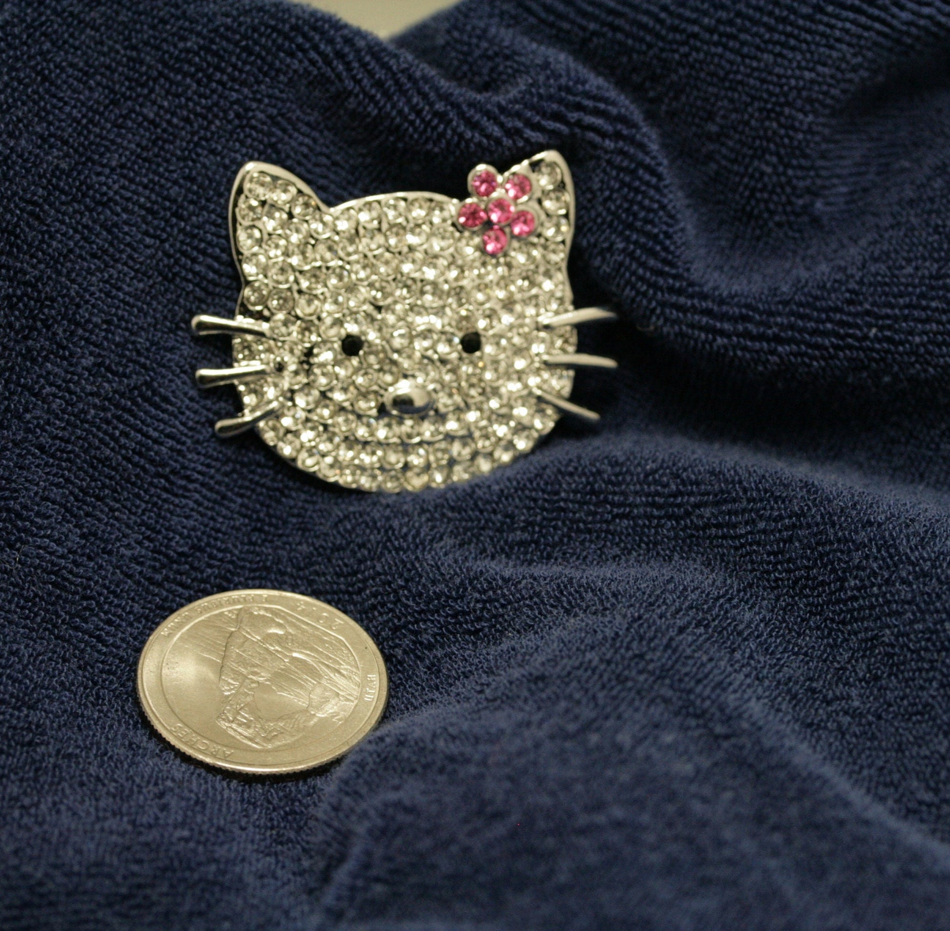 Silver Hello Kitty Rhinestone Brooch, Cat Pin with Pink Flower Kitty Bling, Crystal Hello Kitty Earrings