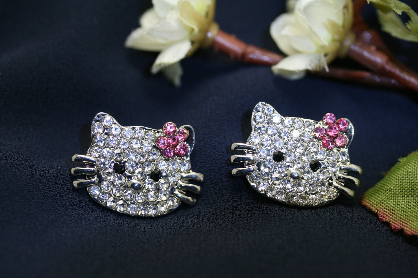 Silver Hello Kitty Rhinestone Brooch, Cat Pin with Pink Flower Kitty Bling, Crystal Hello Kitty Earrings