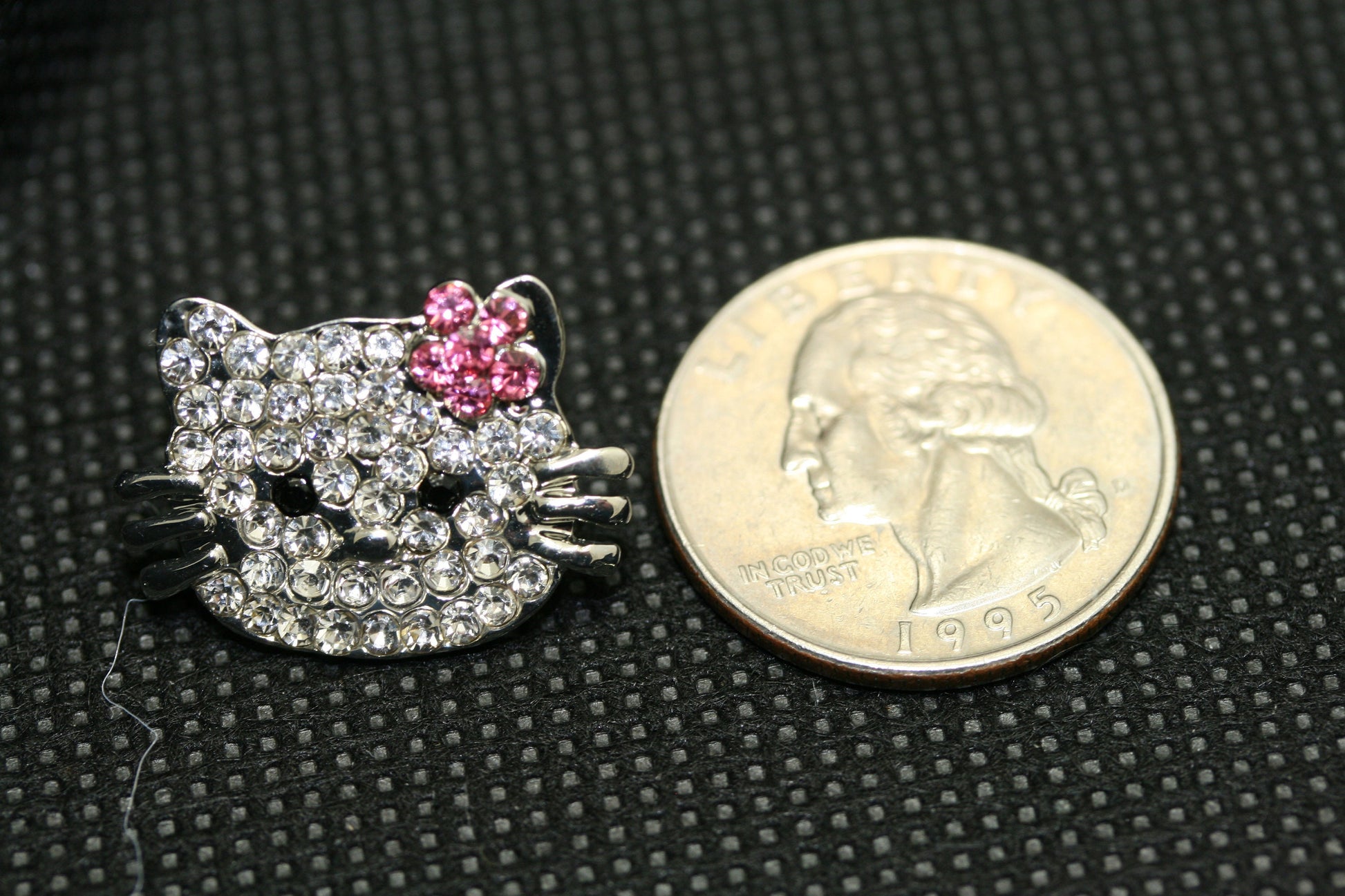 Silver Hello Kitty Rhinestone Brooch, Cat Pin with Pink Flower Kitty Bling, Crystal Hello Kitty Earrings