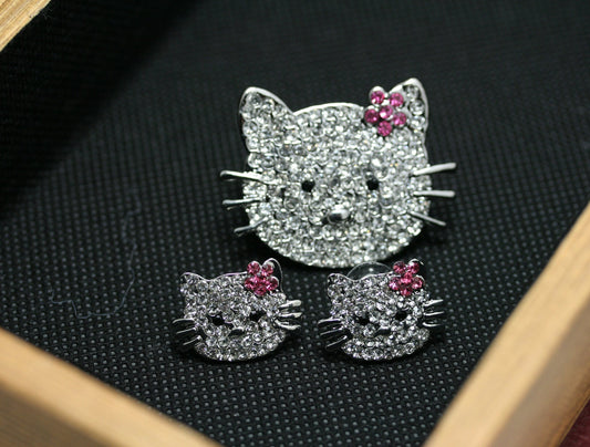 Silver Hello Kitty Rhinestone Brooch, Cat Pin with Pink Flower Kitty Bling, Crystal Hello Kitty Earrings
